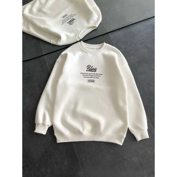 Kışlık Bisiklet Yaka Ön Ve Arka Baskılı SweatShirt - Beyaz -