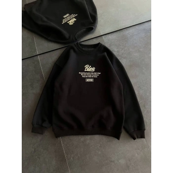 Kışlık Bisiklet Yaka Ön Ve Arka Baskılı SweatShirt - Siyah -
