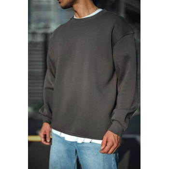 Kışlık Bisiklet Yaka Üç İplik Basic SweatShirt - Antrasit -