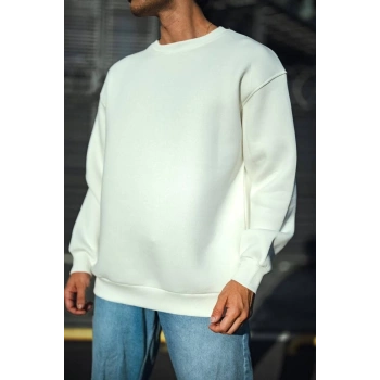 Kışlık Bisiklet Yaka Üç İplik Basic SweatShirt - Beyaz -