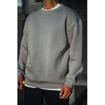 Kışlık Bisiklet Yaka Üç İplik Basic SweatShirt - Boyalı Gri -