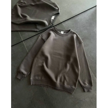Kışlık Bisiklet Yaka Üç İplik Basic SweatShirt - Füme -