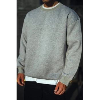 Kışlık Bisiklet Yaka Üç İplik Basic SweatShirt - Gri -