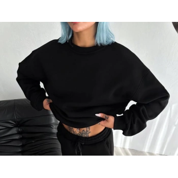 Kışlık Bisiklet Yaka Üç İplik Basic SweatShirt - Siyah -