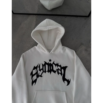 Kışlık Kapüşonlu Baskılı Oversize SweatShirt- Beyaz -