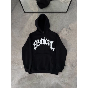 Kışlık Kapüşonlu Baskılı Oversize SweatShirt- Siyah -