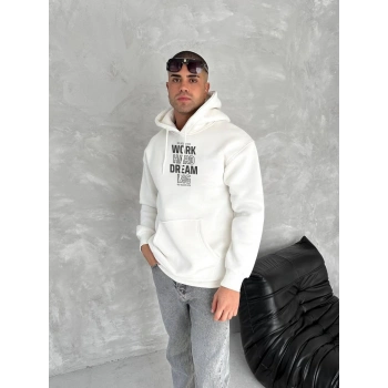 Kışlık Üç İplik Kapüşonlu SweatShirt - Beyaz -