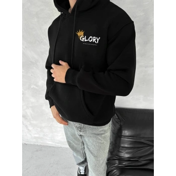 Kışlık Üç İplik Kapüşonlu SweatShirt - Siyah -