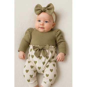 Kız Bebek Kalp Desenli Waffle Bandanalı 2li Tulum