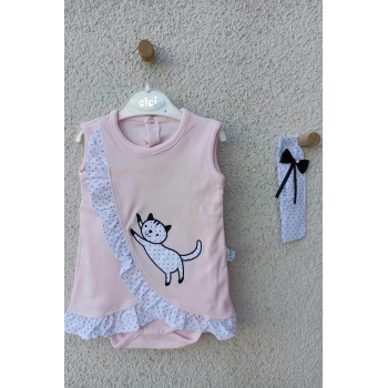 Kız Bebek Pembe Kedili Fırfırlı Bandanalı Badi