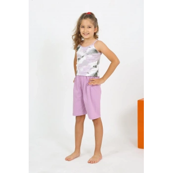 Kız Çocuk İp Askılı Şortlu Penye Lila Pijama Takım
