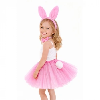 Kız Çocuk Tamamen Pembe Tavşan Kulaklı Kostüm Seti – Tütü Etekli 4 Parça