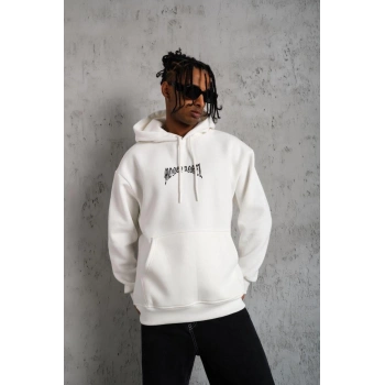 Kordon İpli Baskılı Kapüşonlu Sweatshirt - Beyaz -