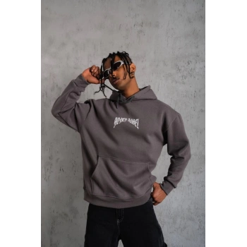Kordon İpli Baskılı Kapüşonlu Sweatshirt - Füme