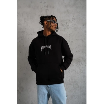Kordon İpli Baskılı Kapüşonlu Sweatshirt - Siyah -