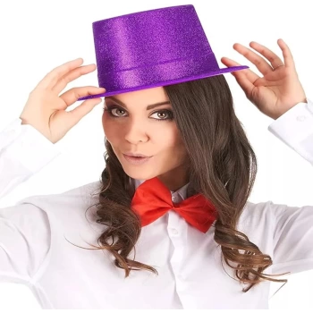 Koyu Mor Renk Violet Parıltılı Simli Fötr Silindir Parti Şapkası (4887)