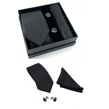 Kravat Düğme Set Siyah Desenli Kravat Mendil Kol Düğmesi Özel Set