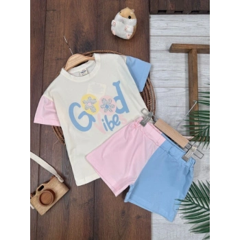 KREM BİSİKLET YAKA KISA KOLLU LASTİKLİ BEL KIZ ÇOCUK & BEBEK ALT ÜST TAKIM