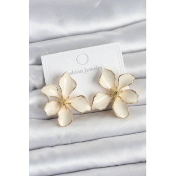 Krem Mineli Çiçek Model Pirinç Kadın Küpe - TJ-BKP11728