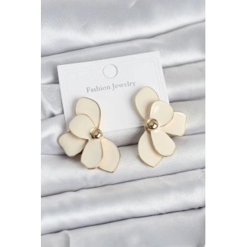 Krem Mineli Lotus Model Pirinç Kadın Küpe - TJ-BKP11734