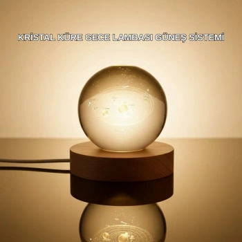 Kristal Gezegen Küre Ahşap Tabanlı Usb Işıklı Gece Lambası