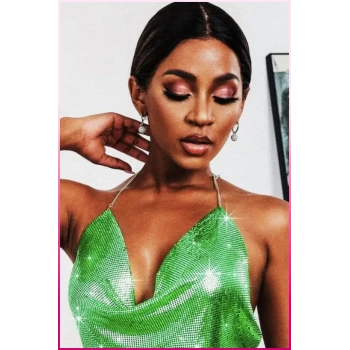 Kristal Yeşil Taşlı Parlak Crop & Bluz Kolsuz Kayık Yaka Parti Plaj Büstiyer