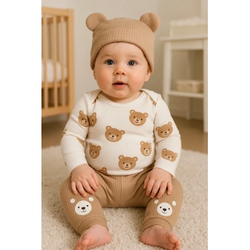 Kulaklı Ayıcık % 100 Pamuk 3lü Erkek Bebek Takım