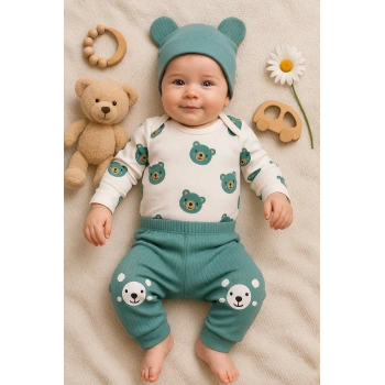Kulaklı Ayıcık % 100 Pamuk 3lü Erkek Bebek Takım