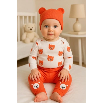 Kulaklı Ayıcık % 100 Pamuk 3lü Erkek Bebek Takım