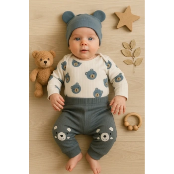 Kulaklı Ayıcık % 100 Pamuk 3lü Erkek Bebek Takım