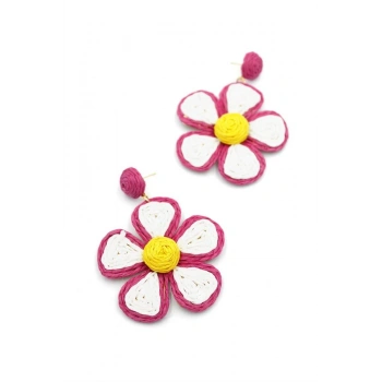 Kumaş Papatya Küpe - Fuşya