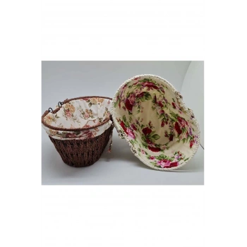 Kumaşlı Hasır Ekmek Sepeti Saplı Oval -MTR-2003-51