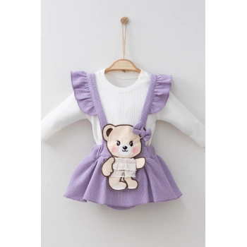 Kurdaleli Ayıcık Askılı 2li Kız Bebek Takımı