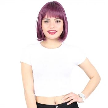 Küt Kahküllü Fiber Sentetik Peruk - Patlıcan Moru