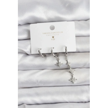 Kutup Yıldızı Model Gümüş Renk Pirinç 3lü Kadın Küpe Seti - TJ-BKP11444