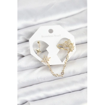 Kutup Yıldızı Model Pirinç Gold Renk Zincir Bağlantılı Ear Cuff Küpe Seti - TJ-BKP11550