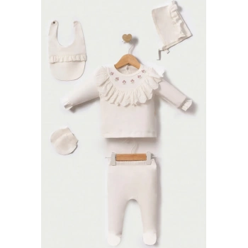 Lale Nakışlı Yenidoğan Kız Bebek 5 Parça Hastane Çıkışı Zıbın Seti