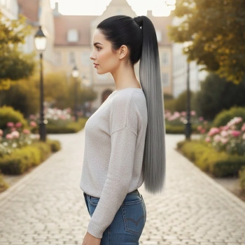 Lastik Tokalı At Kuyruğu Düz - Siyah / Gri Ombre