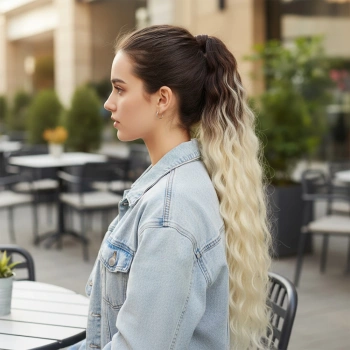 Lastik Tokalı At Kuyruğu Kabarık Afro Dalgalı - Kumral / Platin Ombre