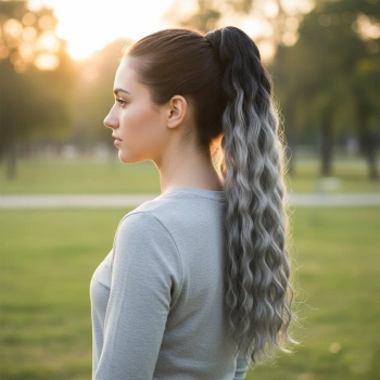 Lastik Tokalı At Kuyruğu Kabarık Afro Dalgalı - Siyah / Gri Ombre