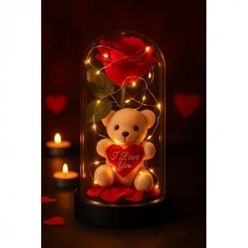 LED Işıklı Mika Fanus İçinde Gül ve Lüx Peluş Ayıcık – 20 cm Sevgiliye Hediye