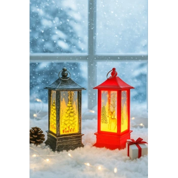 LED Işıklı Noel Feneri 2’li Set – Çam Ağacı & Bambi Temalı Dekoratif Yılbaşı Lambası 14 Cm