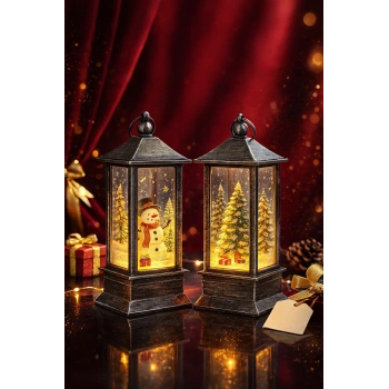 LED Işıklı Noel Feneri 2’li Set – Kardan Adam  & Çam Ağacı Temalı Dekoratif Yılbaşı Lambası 14 Cm
