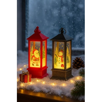 LED Işıklı Noel Feneri 2’li Set – Noel Baba & Kardan Adam Temalı Dekoratif Yılbaşı Lambası 14 Cm
