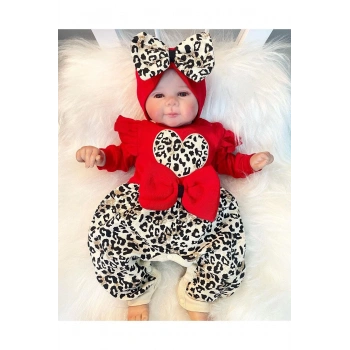 Leopar Desenli Fiyonklu % 100 Pamuk Kız Bebek Tulum