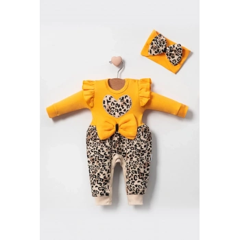 Leopar Desenli Fiyonklu % 100 Pamuk Kız Bebek Tulum