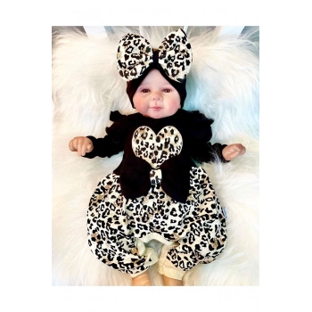 Leopar Desenli Fiyonklu % 100 Pamuk Kız Bebek Tulum