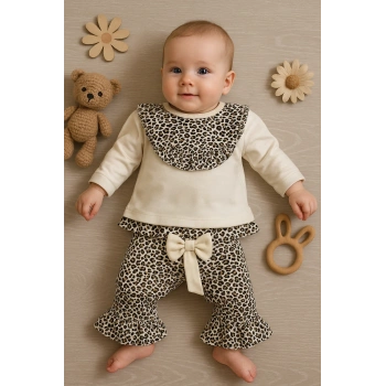 Leopar Detaylı 2li Kız Bebek Takım %100 Pamuk