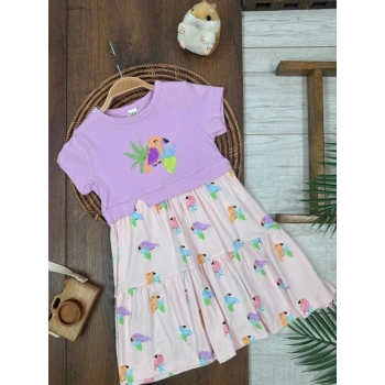 LİLA BİSİKLET YAKA KISA KOLLU LASTİKLİ BEL PAÇA KIZ ÇOCUK & BEBEK ELBISE