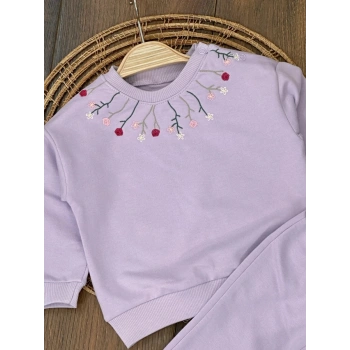 Lila Kız Bebek Pamuklu Nakışlı Çiçek İşlemeli Lastikli Paça 2 İplik Takım